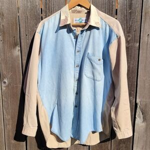 Vintage World Island Denim Colorblock Shirt Mens L Tan Blue Made in USA L Grunge